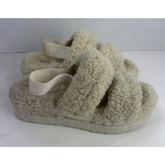 Ugg Oh Fluffita Sherpa Platform Sandals Natural Beige Sheepskin Size 11 Slides - Picture 3 of 16
